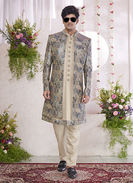 Beige Silk Hand Embroidered Digital Print Indowestern Sherwani