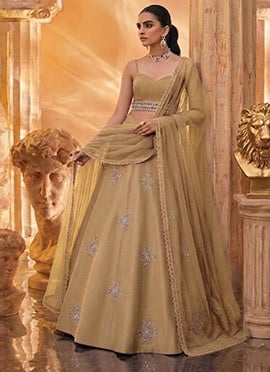 Beige Silk Hand Embroidered Sequins Cutdana Work Lehenga