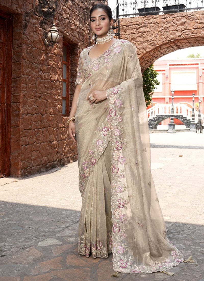Beige Silk Hand Embroidered Stone And Beads Work Saree Wedding Wear