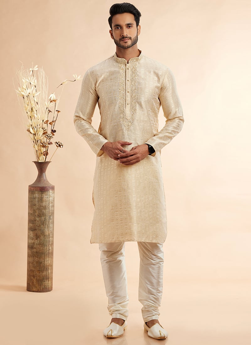 Beige Silk Jacquard Thread Kurta Pyjama Festive Wear