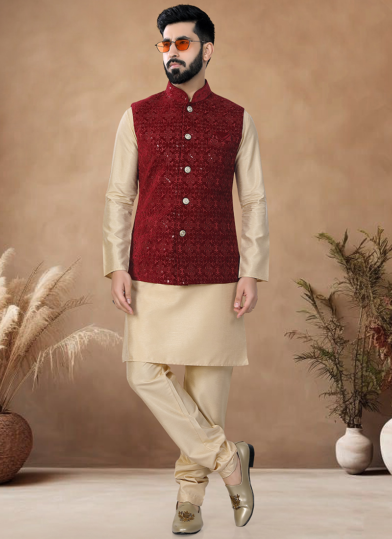 Beige Silk Kurta Pyjama Set With Embroidered Sequins Bandi Jacket Festive Wear
