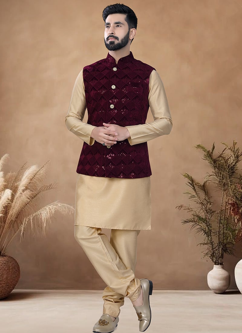 Beige Silk Kurta Pyjama Set With Embroidered Sequins Bandi Jacket Festive Wear