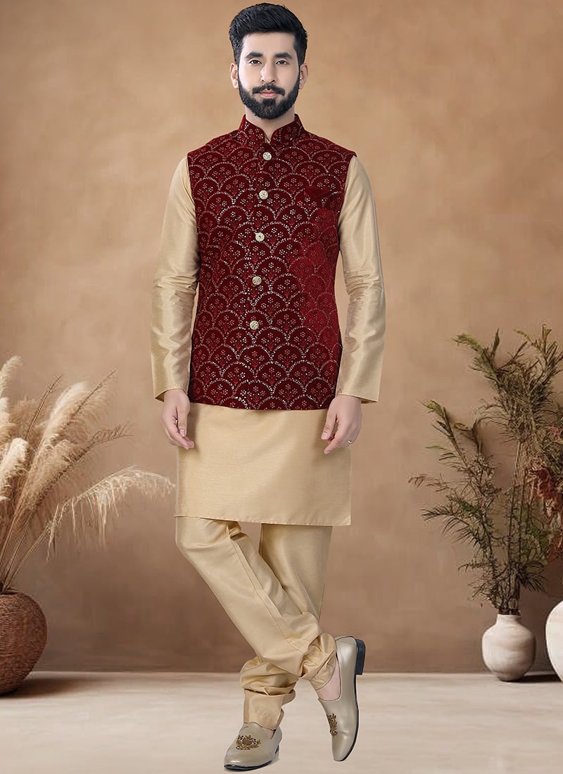 Beige Silk Kurta Pyjama Set With Embroidered Sequins Bandi Jacket Festive Wear