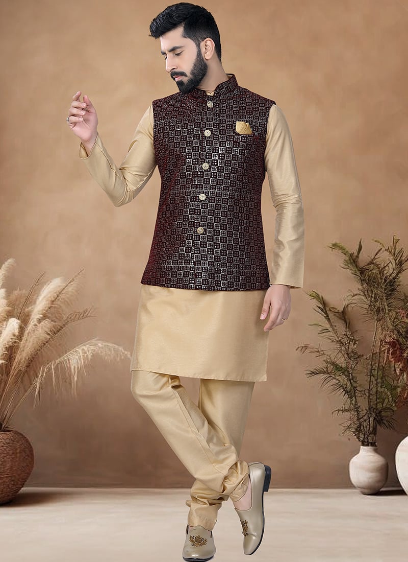 Beige Silk Kurta Pyjama Set With Embroidered Sequins Bandi Jacket Festive Wear