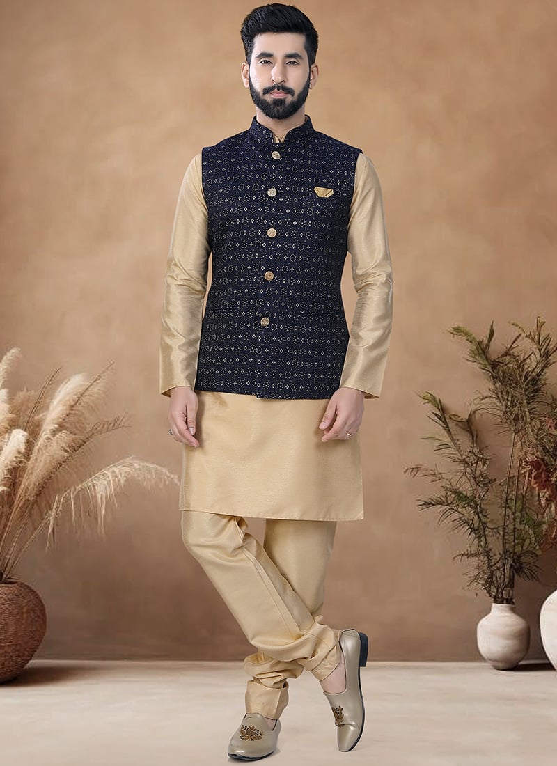 Beige Silk Kurta Pyjama Set With Jacquard Bandi Jacket Festive Wear