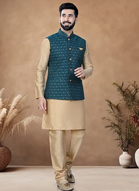 Beige Silk Kurta Pyjama Set With Jacquard Bandi Jacket