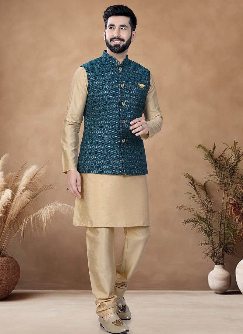 Beige Silk Kurta Pyjama Set With Jacquard Bandi Jacket Festive Wear