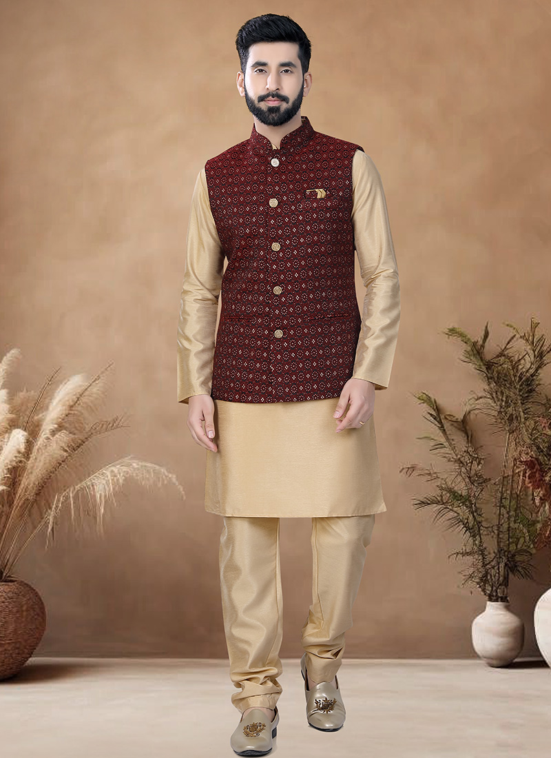 Beige Silk Kurta Pyjama Set With Jacquard Bandi Jacket