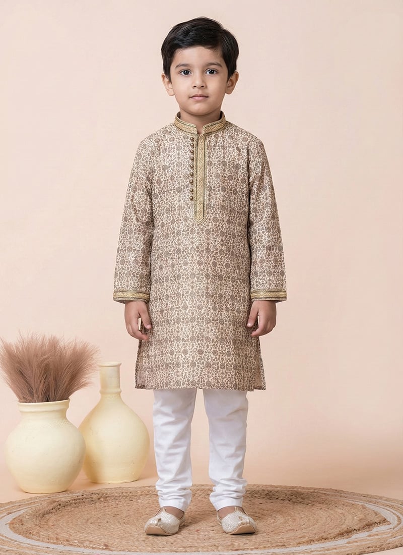 Beige Silk Printed Kids Boys Kurta Pyjama Festive Wear