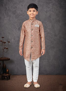 Beige Silk Printed With Sequins Boys Indowestern Sherwani
