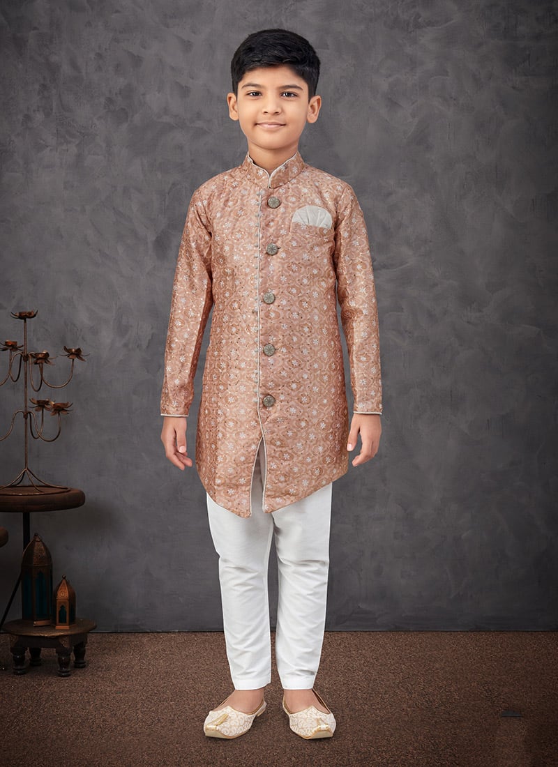 Beige Silk Printed With Sequins Boys Indowestern Sherwani Wedding Wear