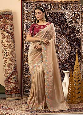 Beige Silk Sequins Embroidered Saree