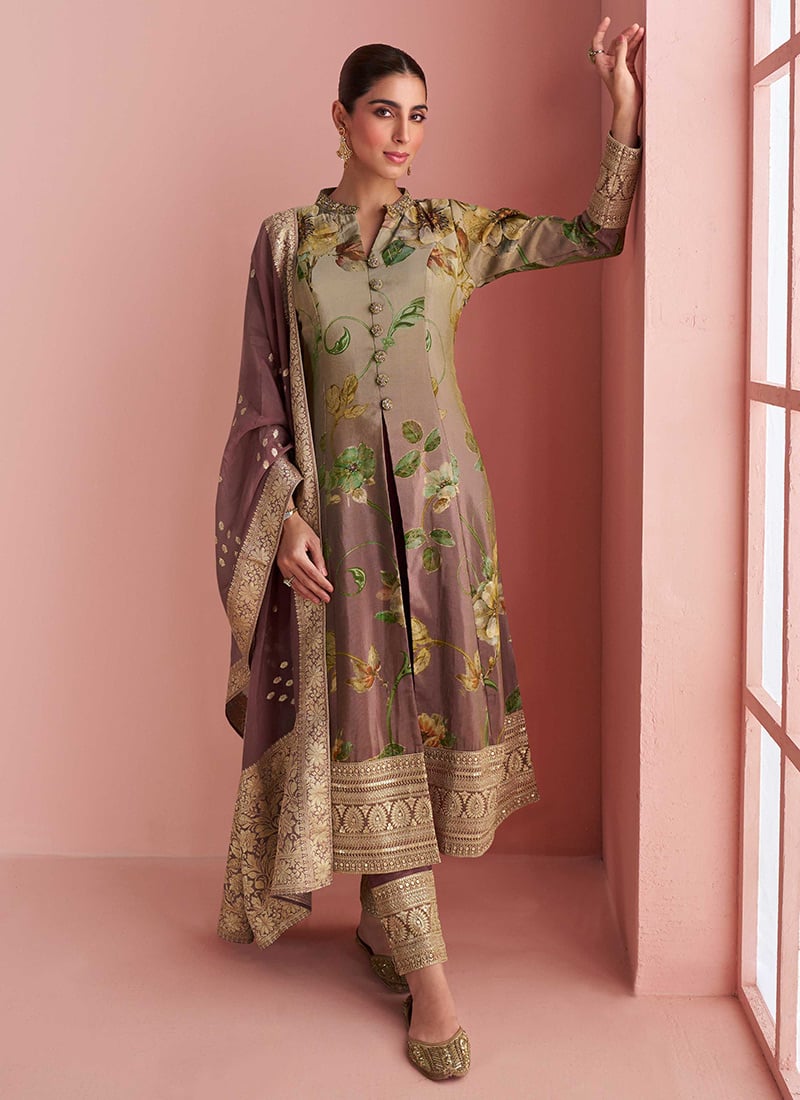 Beige Silk Sequins Embroidered Zari And Digital Print Straight Pant Suit