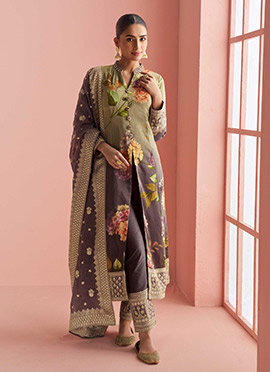 Beige Silk Sequins Embroidered Zari And Digital Print Straight Pant Suit