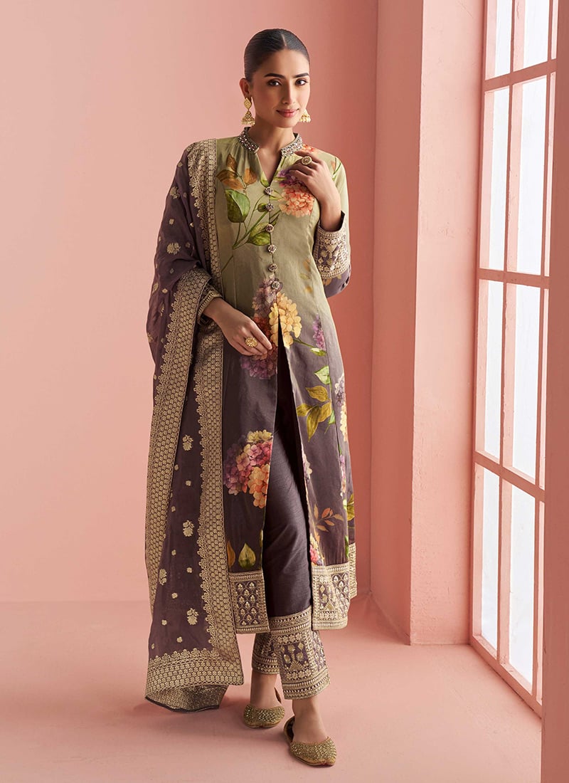 Beige Silk Sequins Embroidered Zari And Digital Print Straight Pant Suit Festive Wear
