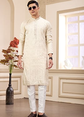 Beige Silk Sequins Kurta Pyjama