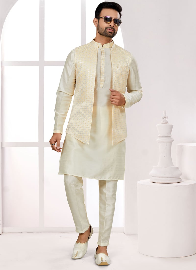 Beige Silk Sequins Thread Bandi Set Festive Wear