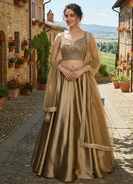 Beige Silk Sequins Zardosi Hand Embroidered Umbrella Lehenga