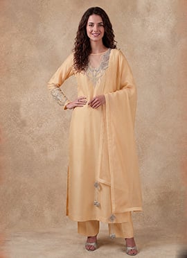 Beige Silk Silk Hand Embroidered Sequins Beads Straight Pant Suit