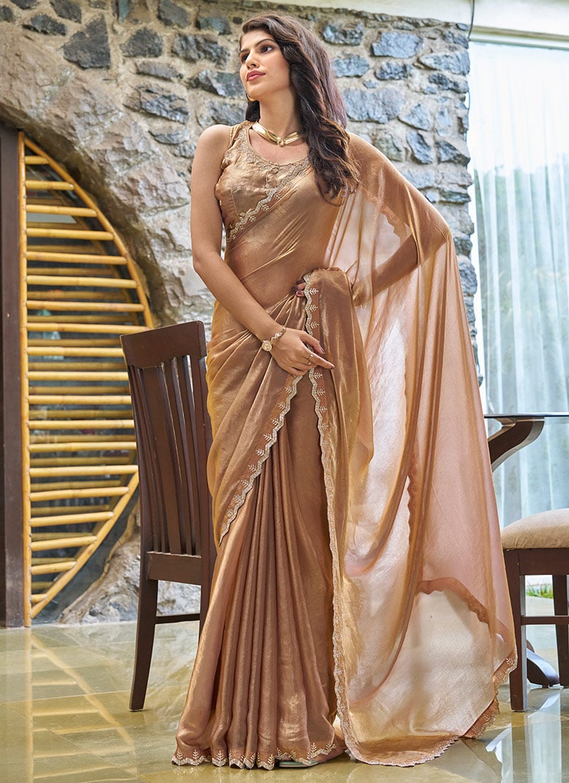 Beige Silk Stone Work Saree Festive Wear