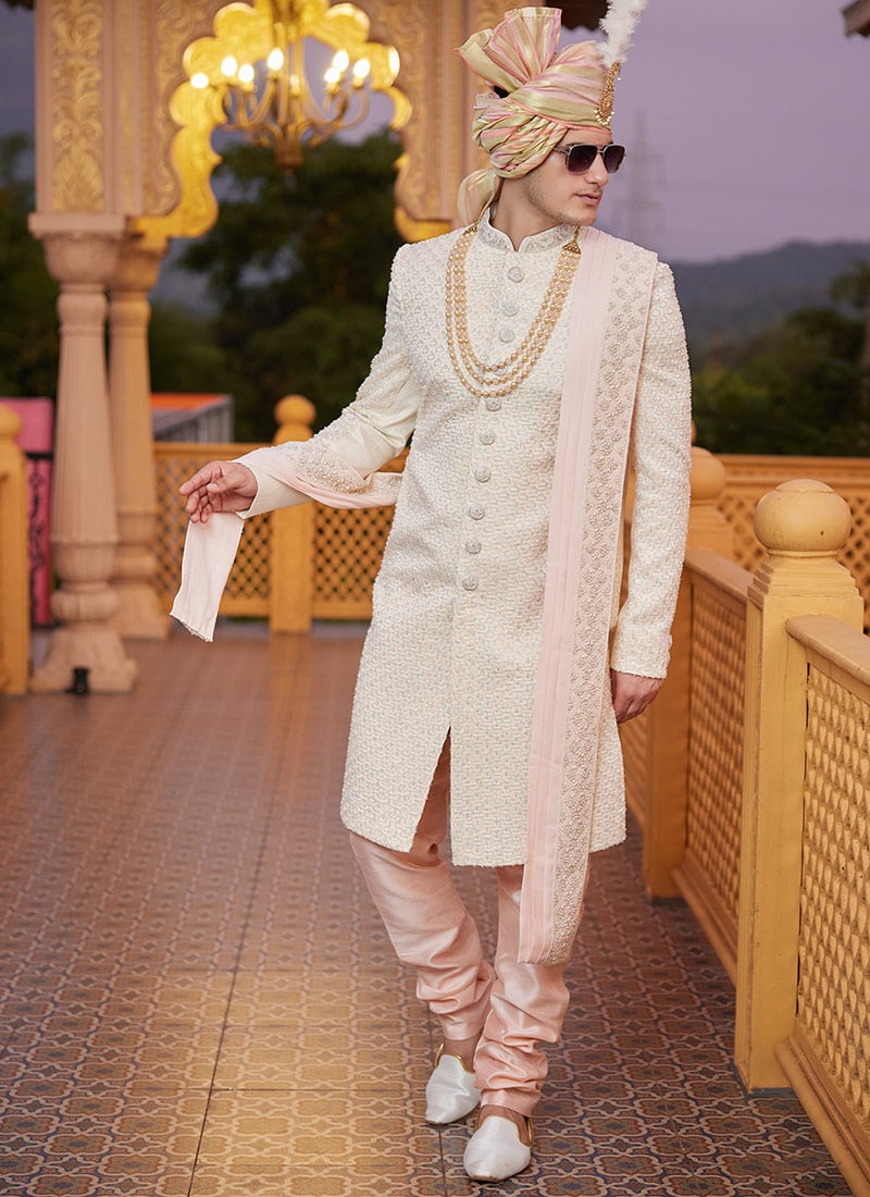 Beige Silk Thread Hand Embroidered Classic Sherwani
