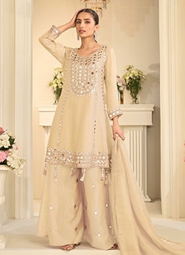 Beige Silk Zari Embroidered Mirror Work Palazzo Suit