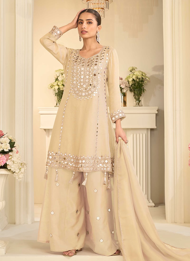 Beige Silk Zari Embroidered Mirror Work Palazzo Suit Festive Wear