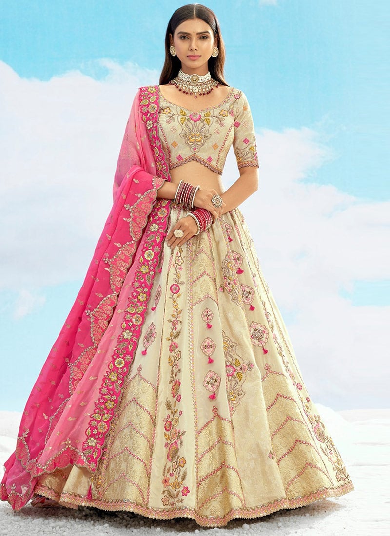 Beige Silk Zari Embroidered Sequins Ravishing Lehenga Wedding Wear