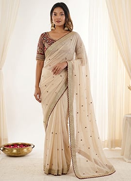 Beige Silk Zari Embroidered Sequins Saree