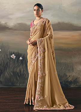 Beige Silk Zari Embroidered Sequins Saree