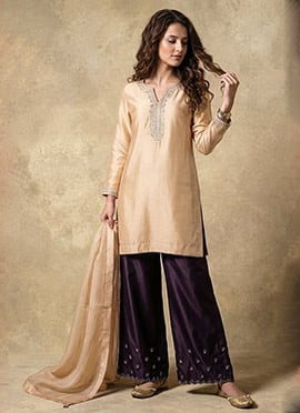 Beige Silk Zari Embroidered With Beads Work Semi Palazzo Suit Set