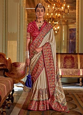 Beige Silk Zari Printed Saree