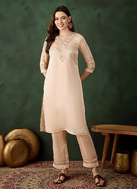 Beige Silk Zari Sequins Kurta Straight Pant Suit