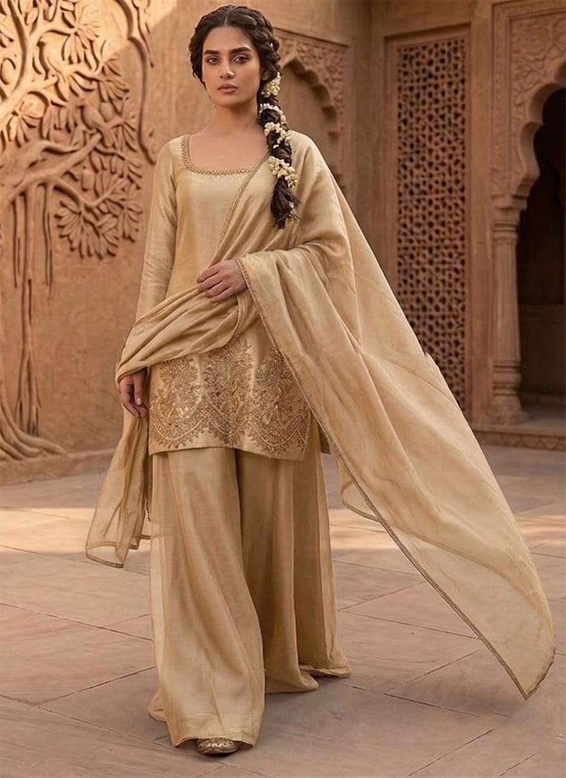 Beige Silk Zari Sequins Palazzo Suit Festive Wear