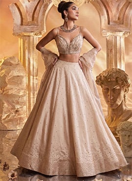 Beige Silk Zari Sequins With Stone Work Lehenga