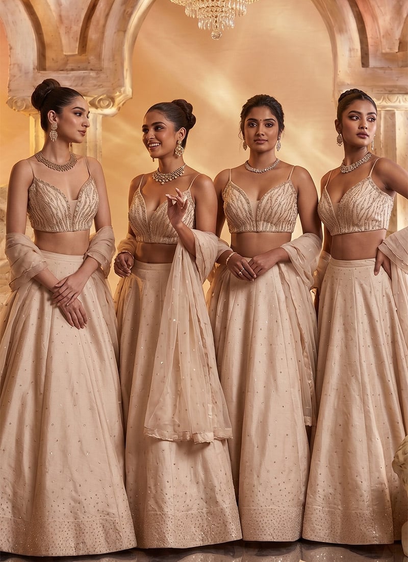 Beige Silk Zari Sequins With Stone Work Lehenga Wedding Wear