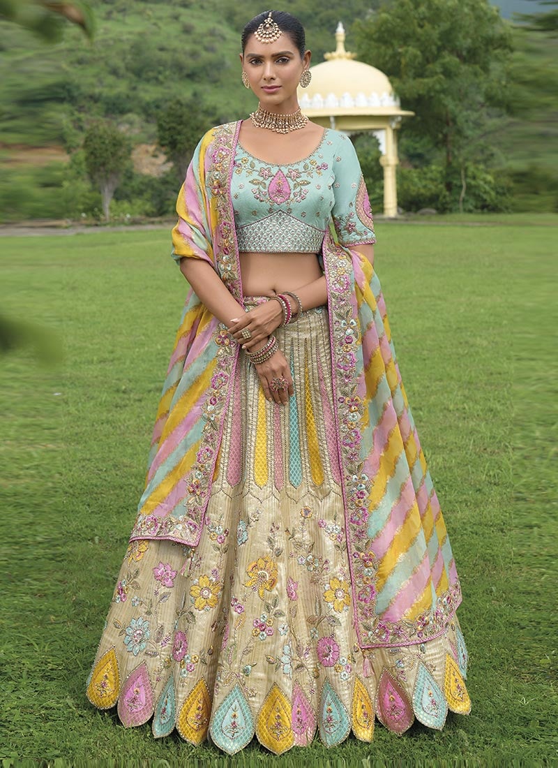 Beige Silk Zari Thread Embroidered Sequins Beautiful Lehenga Wedding Wear