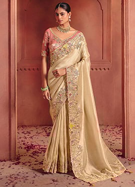 Beige Silk Zari Woven Embroidered Sequins With Stone Work Saree