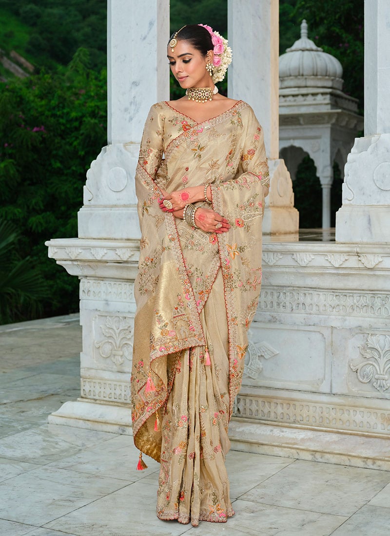 Beige Smooth Silk Zari Resham Sequins Embroidered Stone Work Saree Wedding Wear