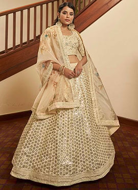 Beige Soft Art Silk Embroidered Umbrella Lehenga Choli