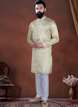 Beige Soft Cotton Embroidered Kurta Pyjama