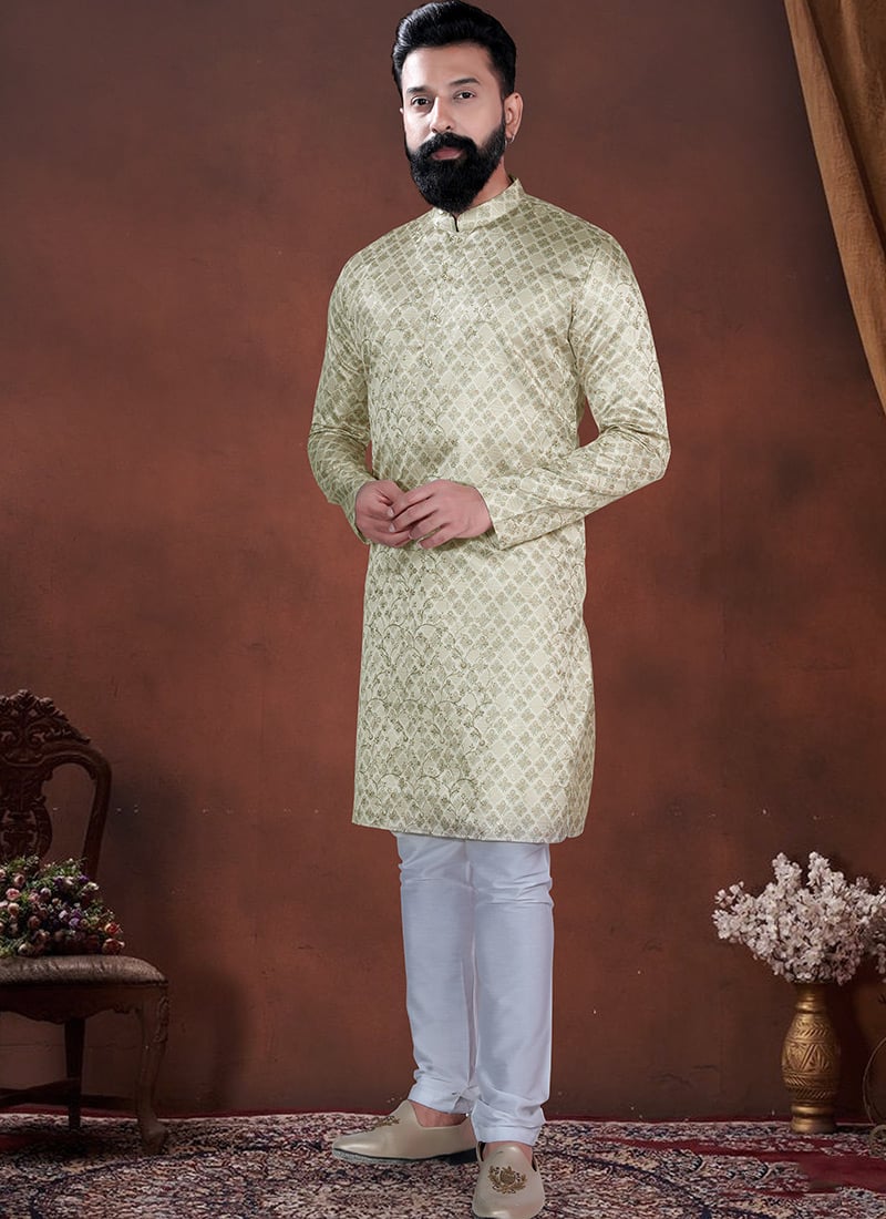 Beige Soft Cotton Embroidered Kurta Pyjama