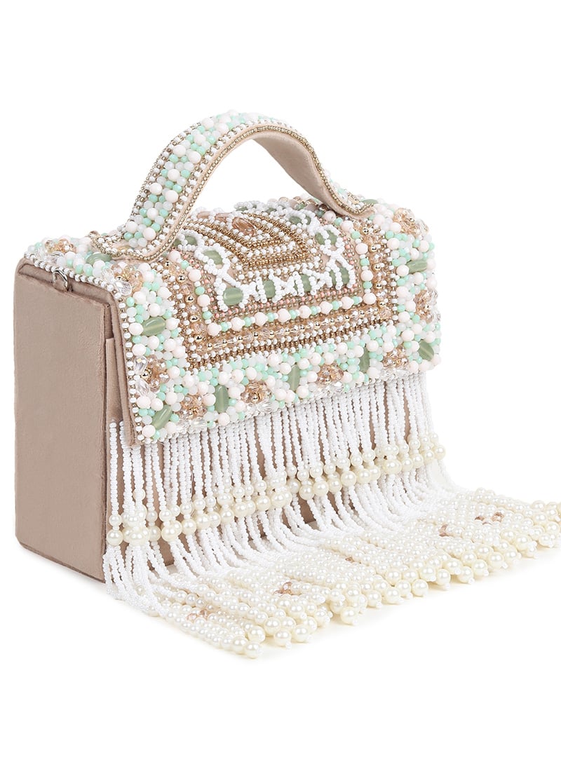Beige Suede Beads Sequins Sling Bag