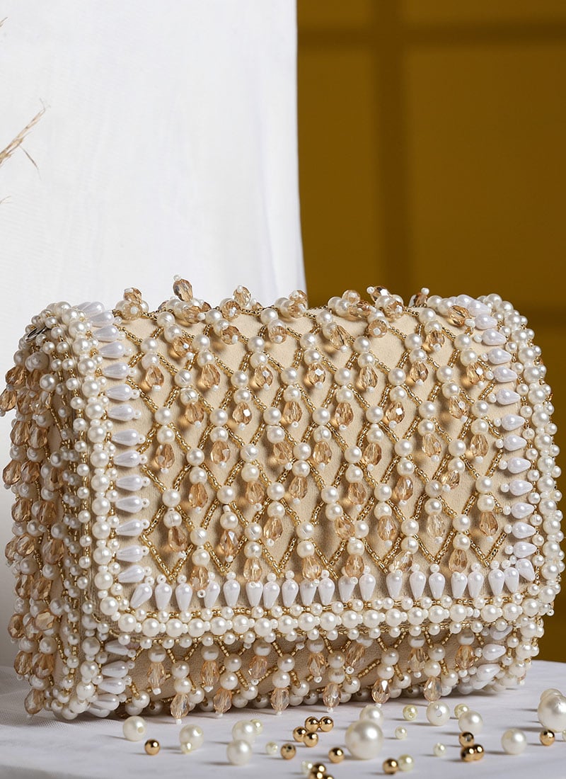Beige Suede Crystals Clutch Party Wear
