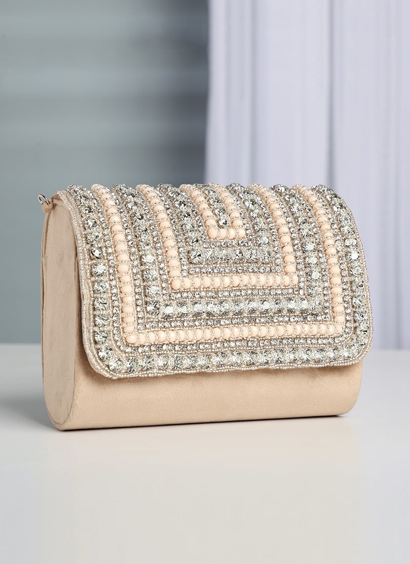 Beige Suede Crystals Clutch Party Wear