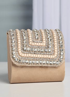 Beige Suede Crystals Clutch