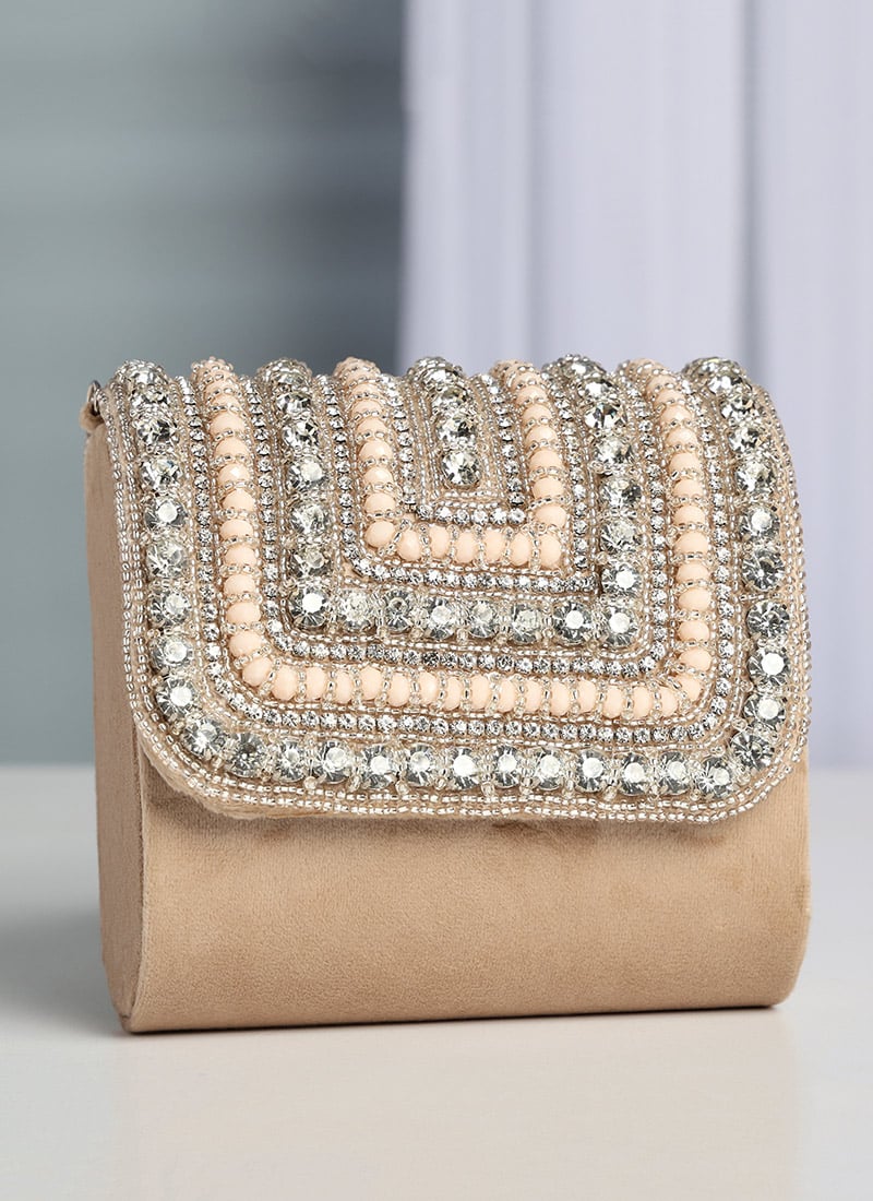 Beige Suede Crystals Clutch Party Wear