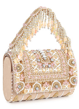 Beige Suede Kundan With Moti Sequins Sling Bag