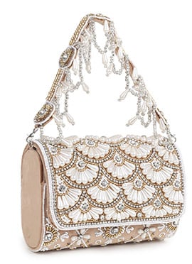 Beige Suede Kundan With Moti Sling Bag