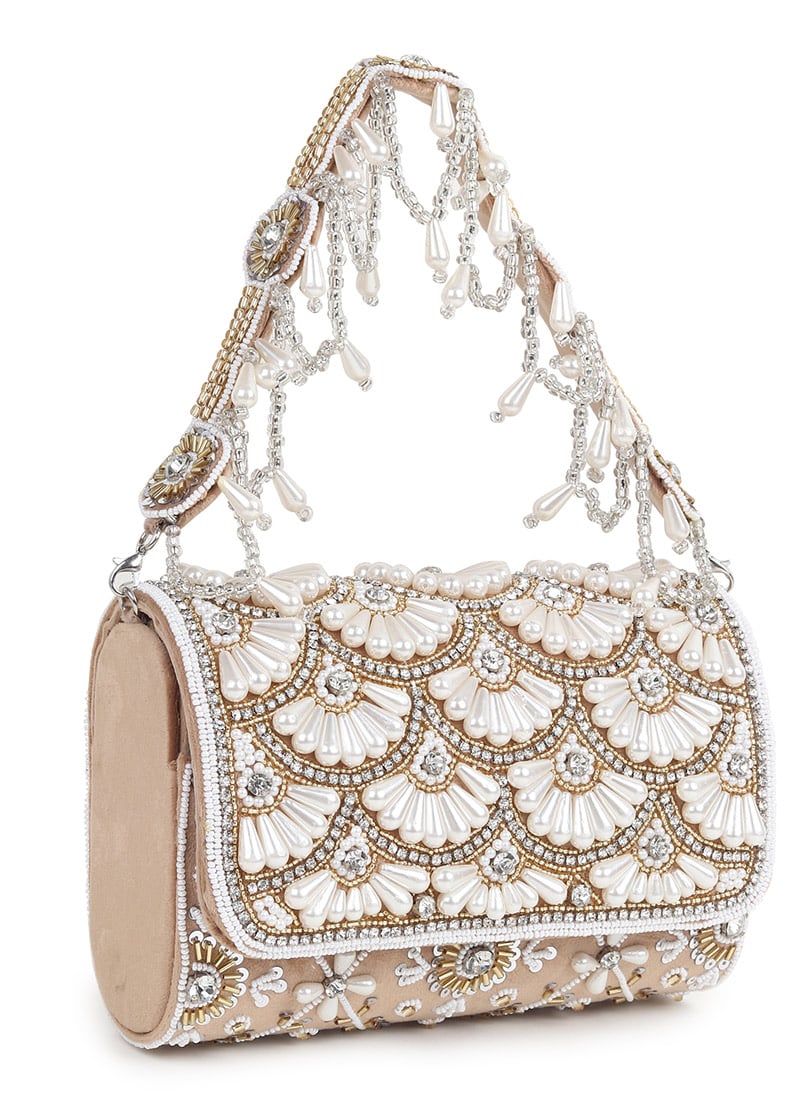 Beige Suede Kundan With Moti Sling Bag Wedding Wear